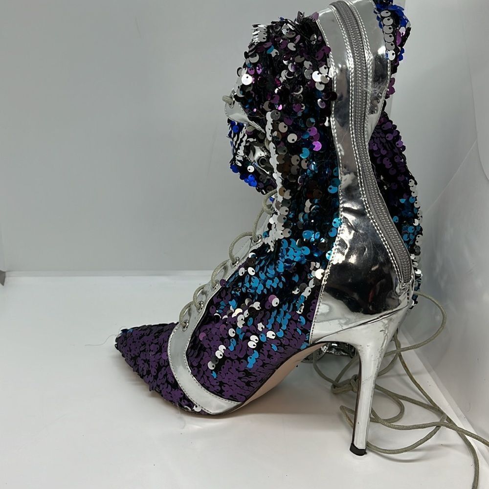 Sequin Lace-Up Pointed Toe Heels in Purple and Blue - Picture 6 of 8